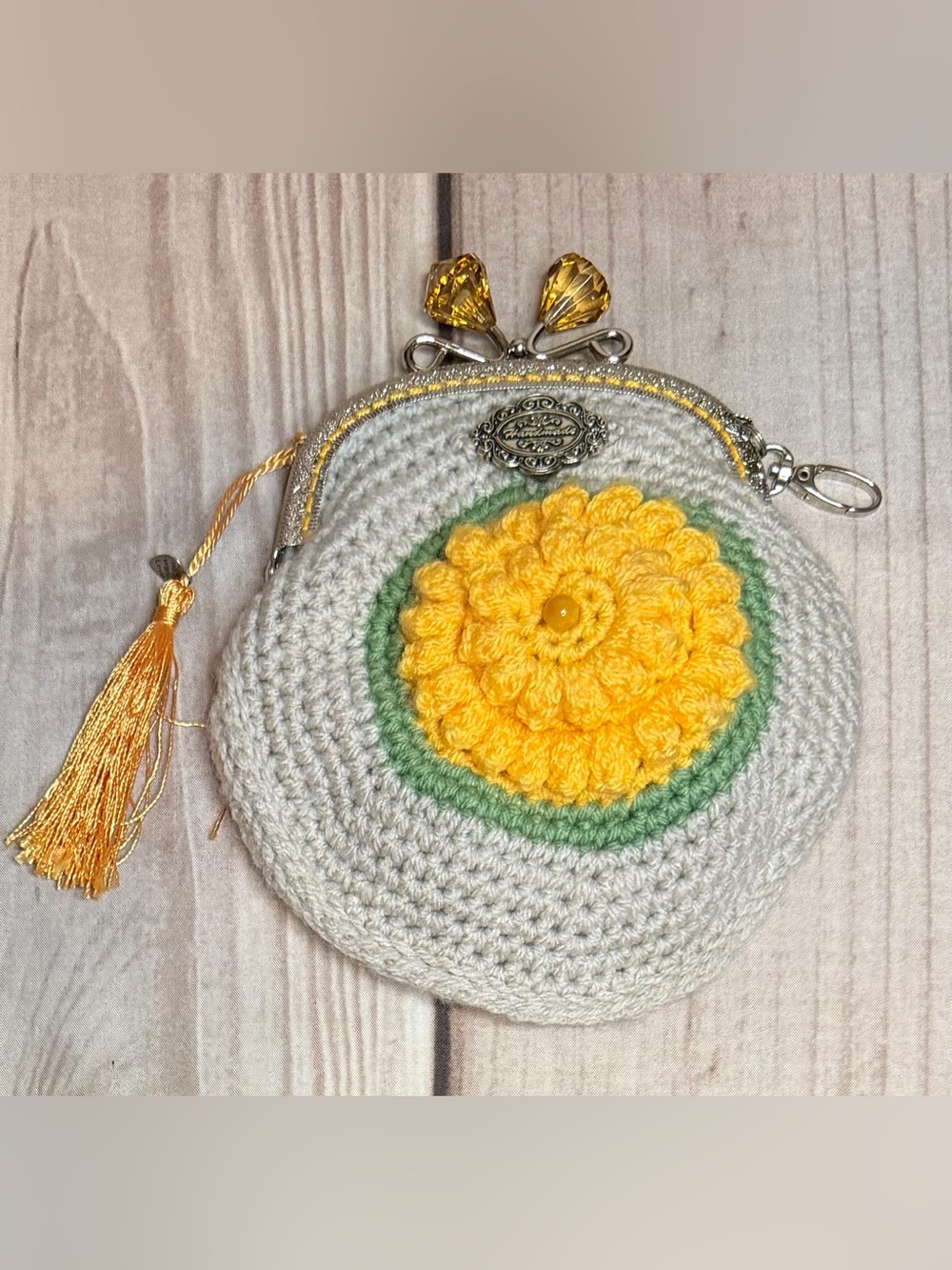 Handmade Crochet Metal Frame Coin Purse Kiss Lock Pouch Yellow Flower